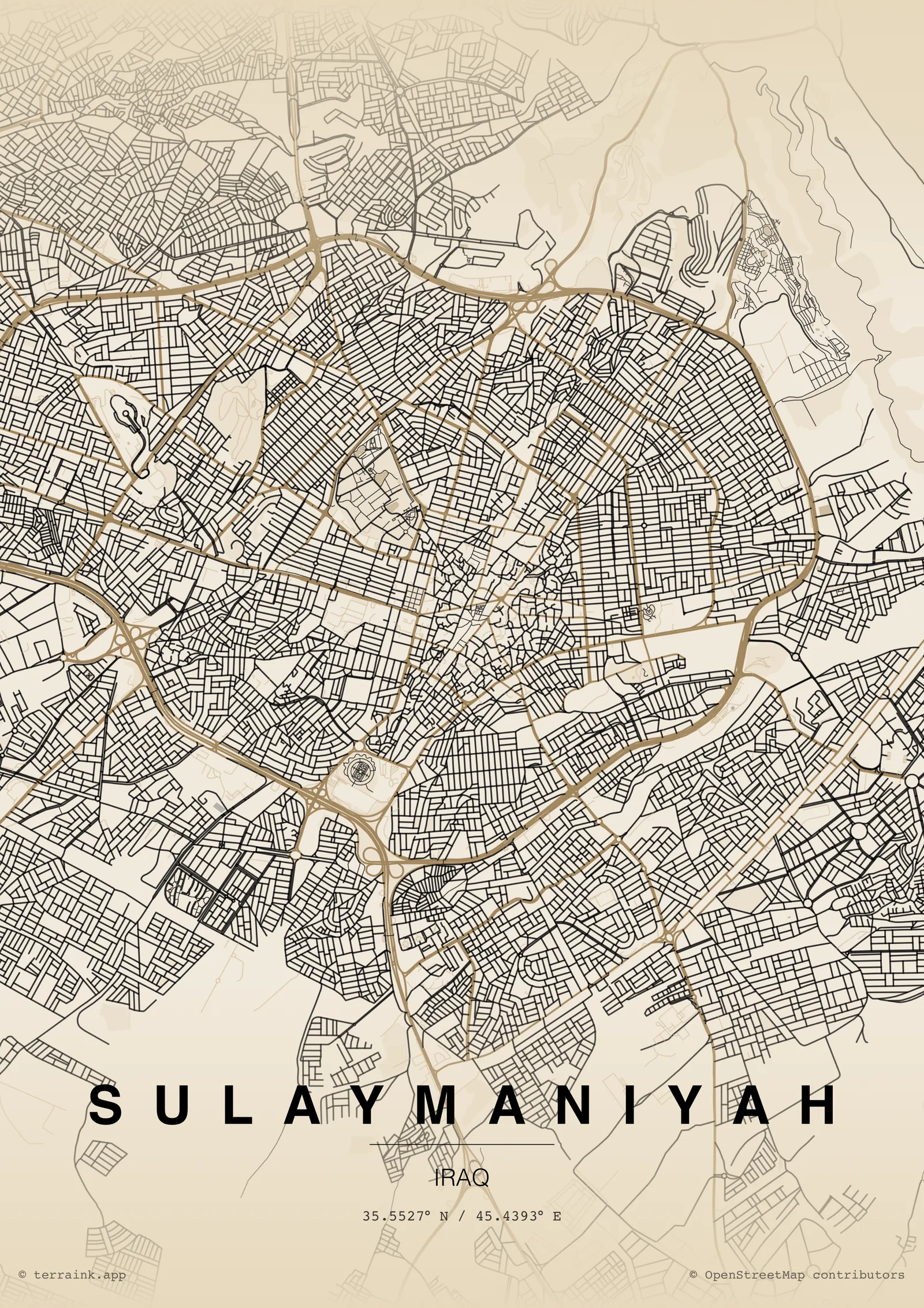 A printed street map of Slemani, Kurdistan Region, Iraq.